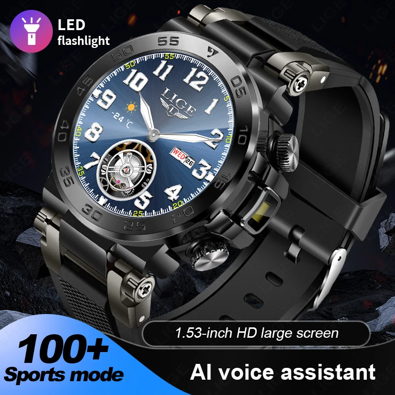 

LIGE новые умные часы со светодиодным фонариком, Bluetooth-вызовы, прием информации, воспроизведение музыки, умные часы, 100 + спортивный режим, умные часы