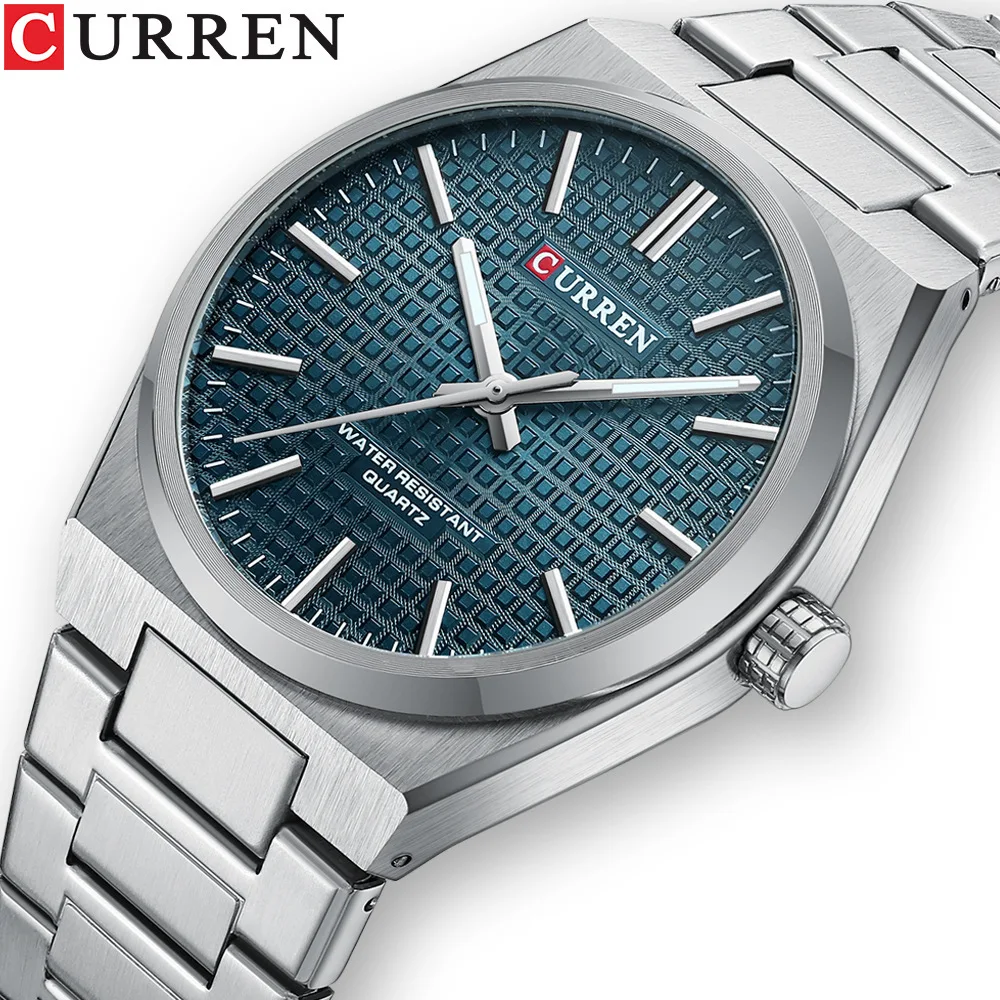 CURREN 8439 Men's Business Quartz Watch Minimalist Grid-Pattern Stainless Steel Strap Wristwatch with  Calendar Function
