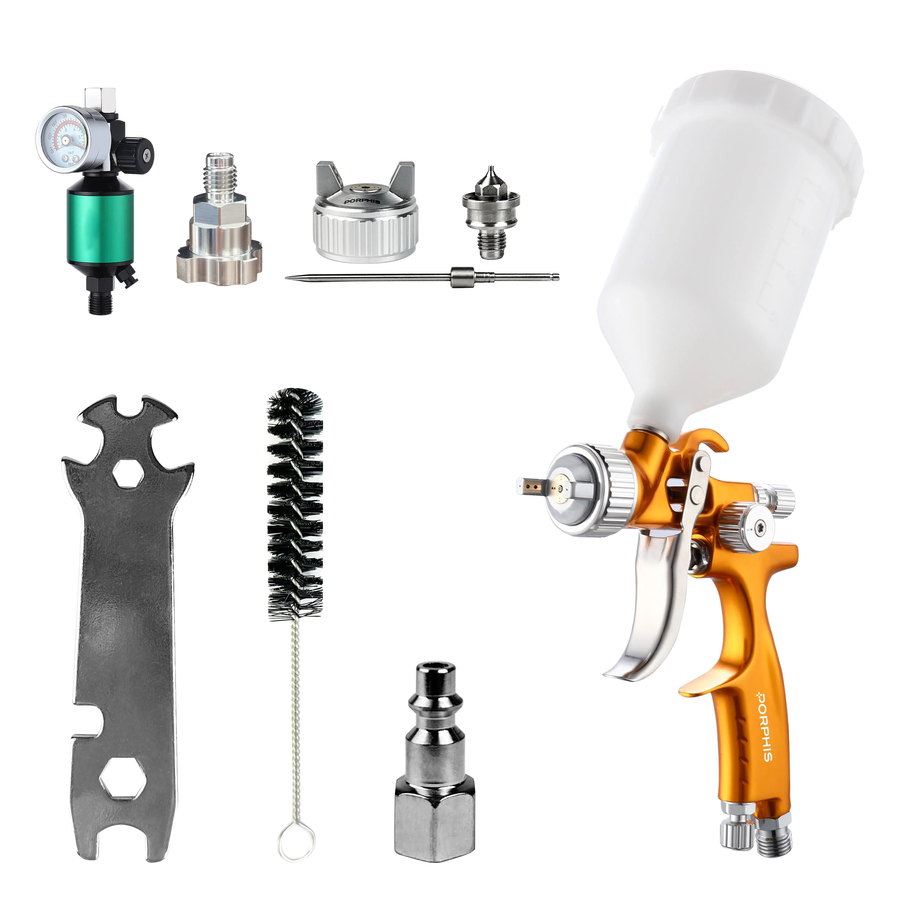 Original PORPHIS LVLP MPH-338 Mini Paint Gun Complete Kit with 1.0mm Needle&Nozzle Kit & 2-IN-1 Air Filter for Car DIY Painting