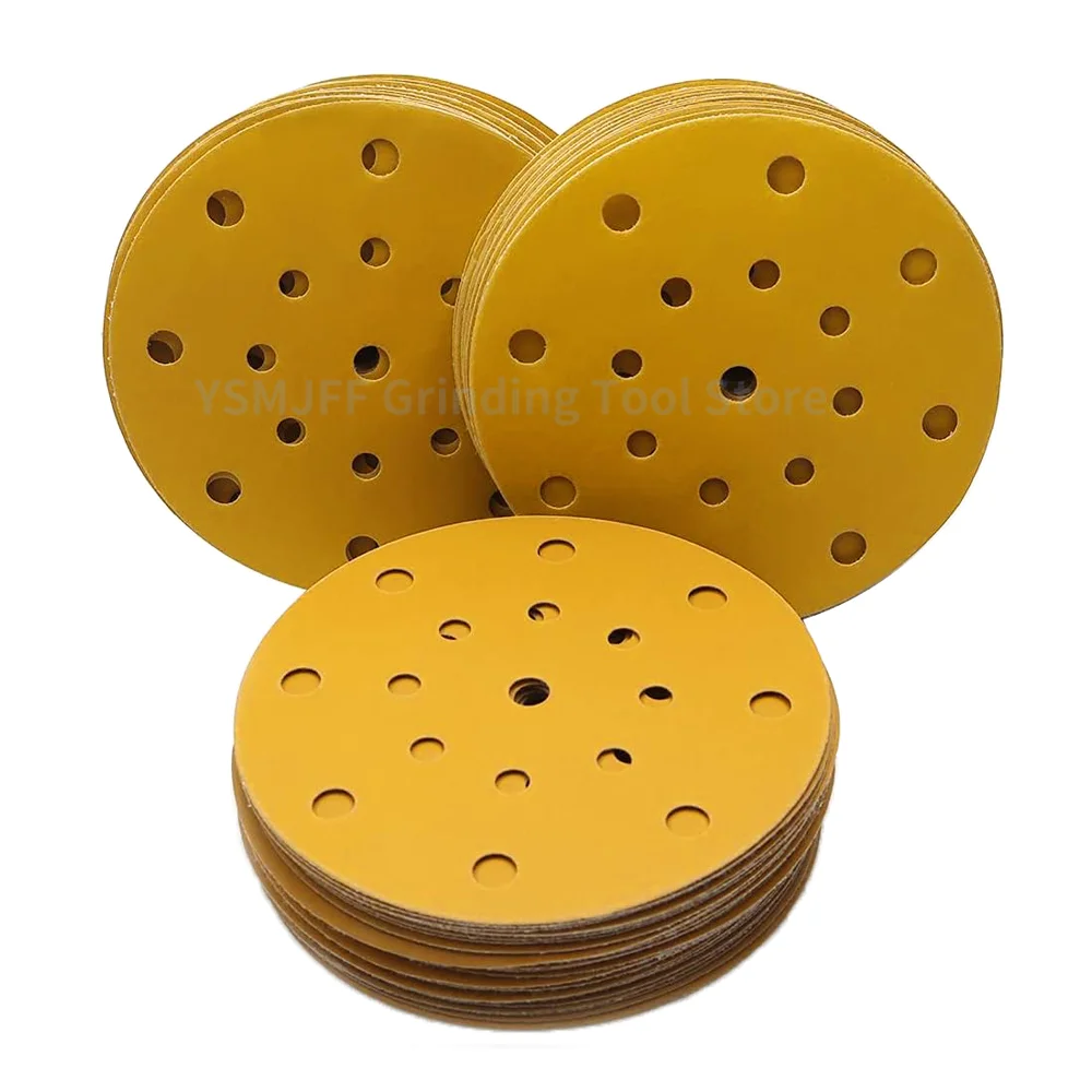 

50PCS 6 Inch 17 Hole Glod Sanding Disc 40-800 Grits Flocking Dry Grinding Disc Random Orbit Round Sandpaper for Car Sanding