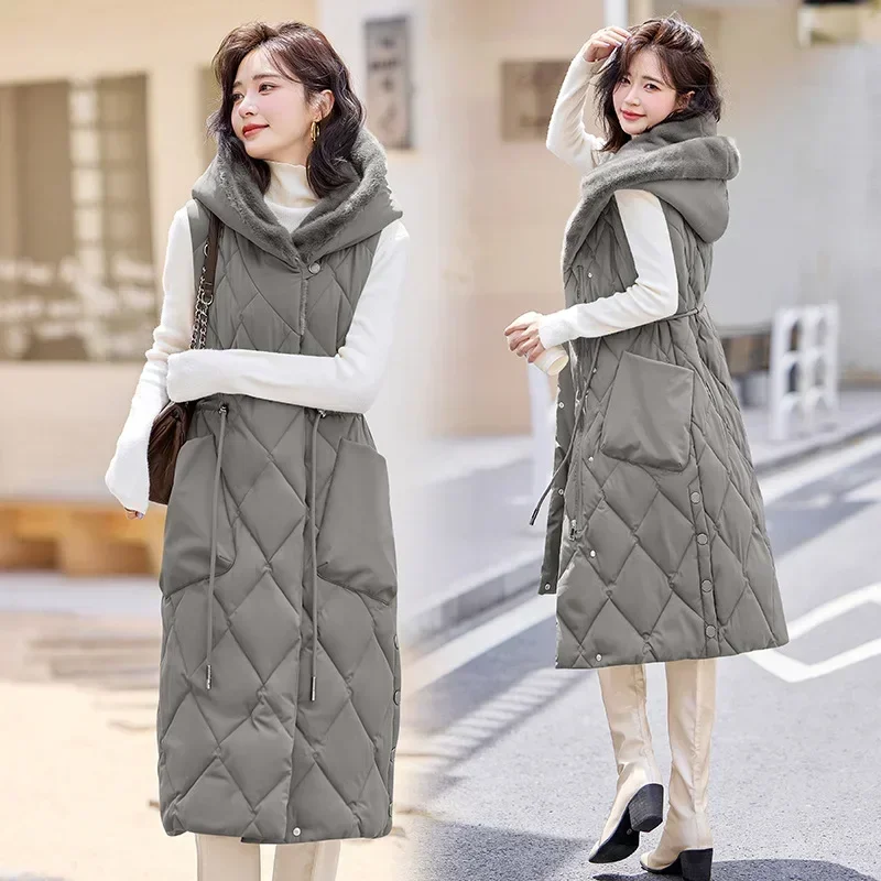 Autumn and Winter Down Cotton Vest Women\'s Mid to Long Style Waist Cinched, Camisole, Warm Vest Hooded Sleeveless Jacket