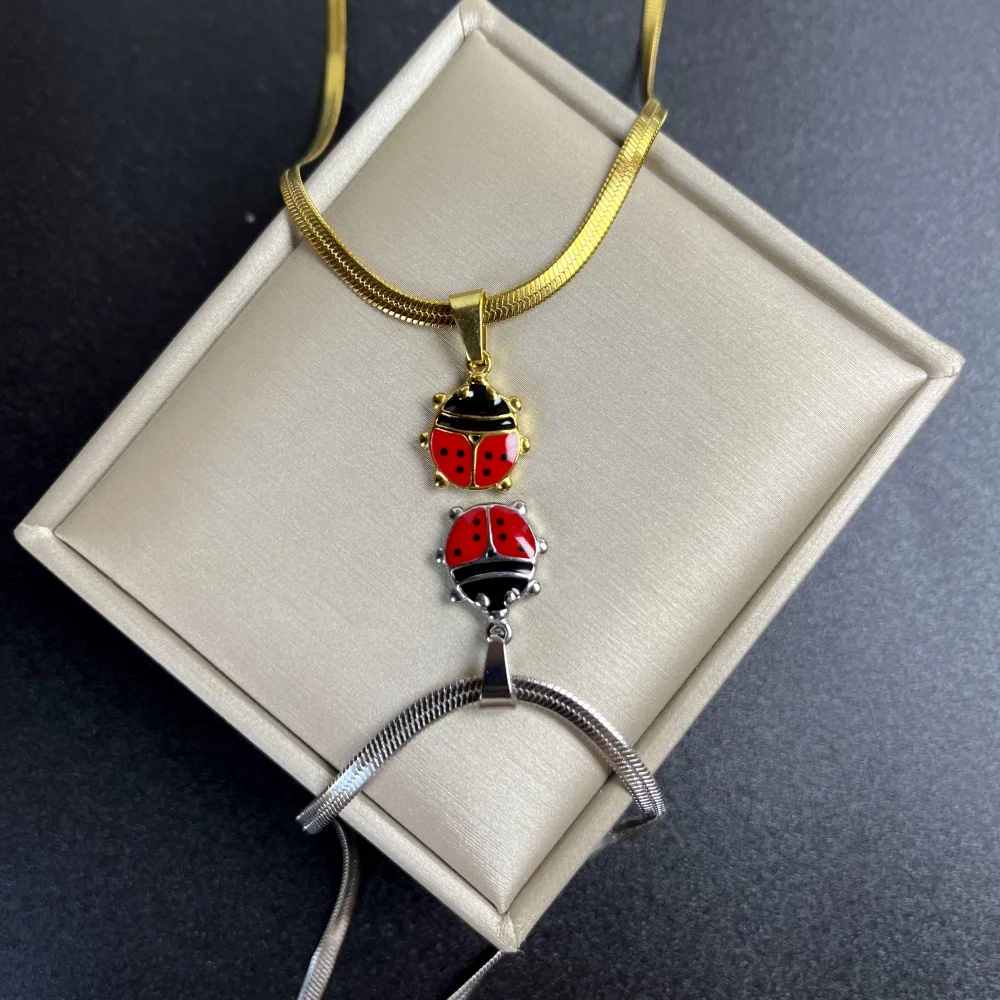 3 Style Choice Red Enamel Ladybug beetle Pendant Necklace For Women Men Choker For Women Men Insect Stainless Steel Jewelry