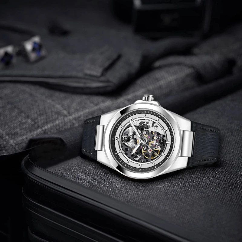 ساعات BENYAR للرجال ساعة يد ميكانيكية ساعات حركة أوتوماتيكية للرجال تصميم مجوف على مدار الساعة مرآة زجاجية صلبة