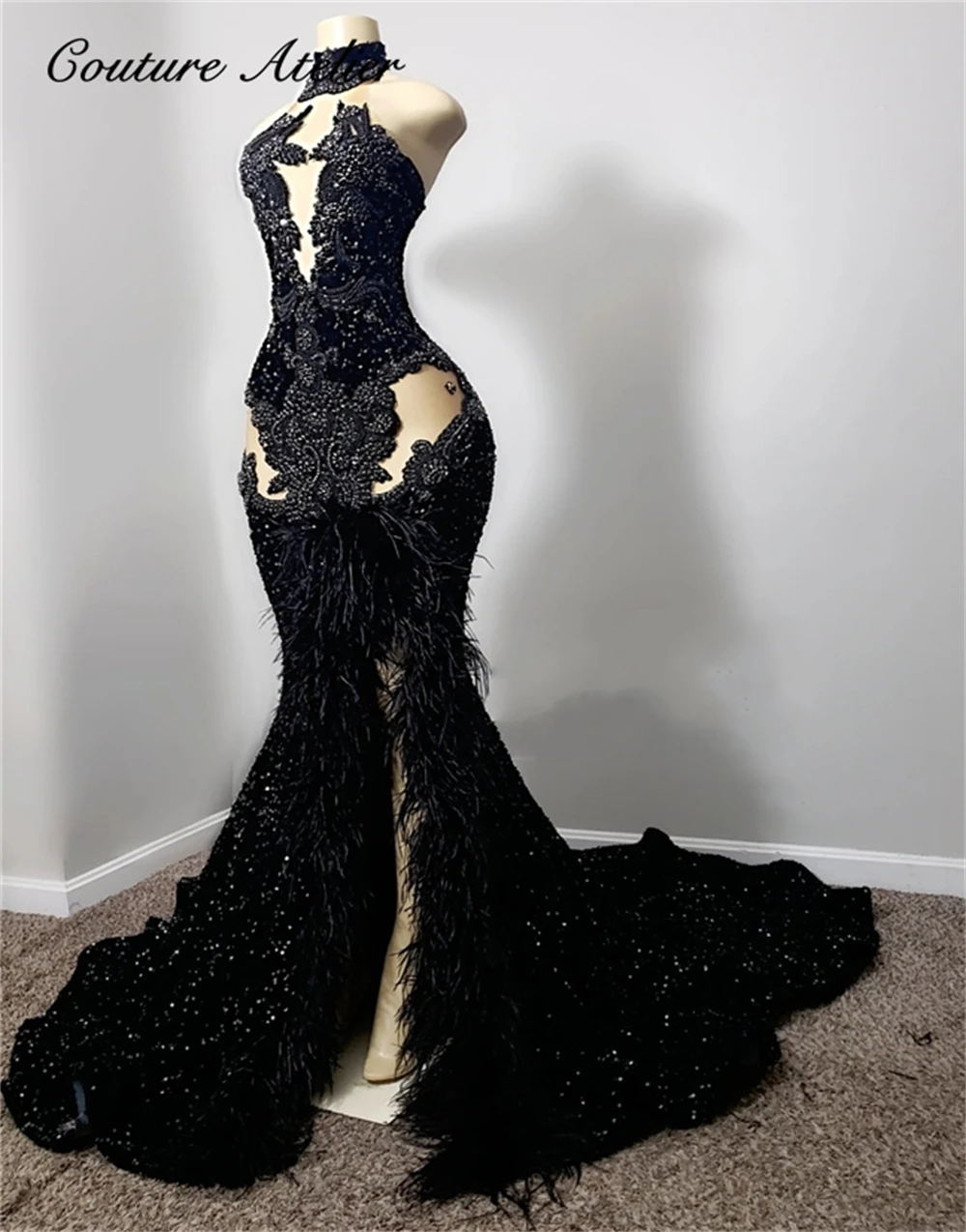 Black Hight Neck Velvet Sequin Mermiad Prom Dresses For Black Girls Sparkly Dress Evening Dresses Long Luxury 2024 Party Gown