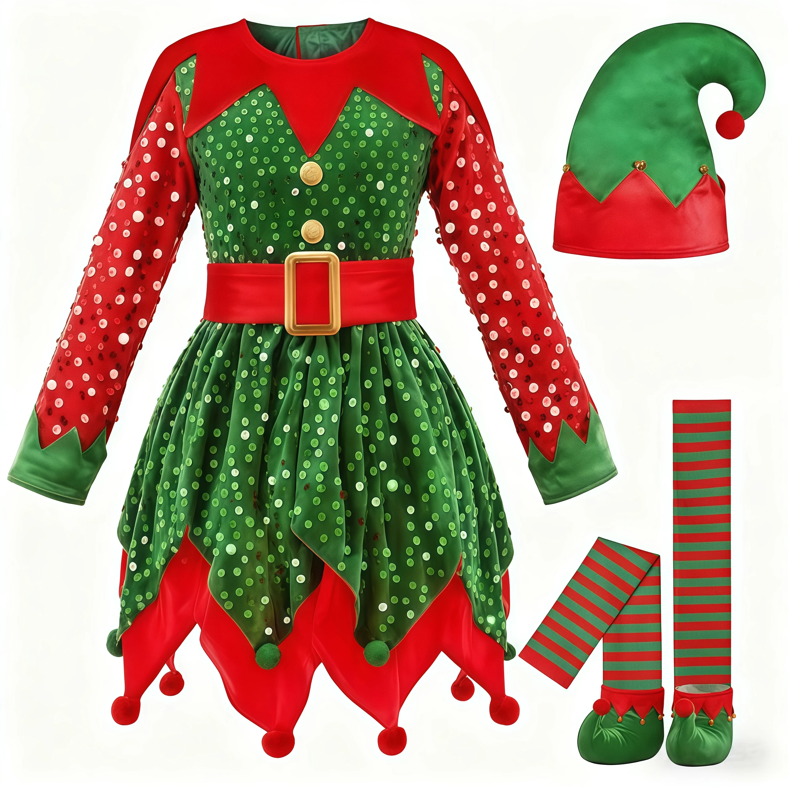 Girls Green Fairy Costume Set Sequins Dress With Hat For Kids Christmas Festival Santa Claus Outfits Party Performance Role-Play