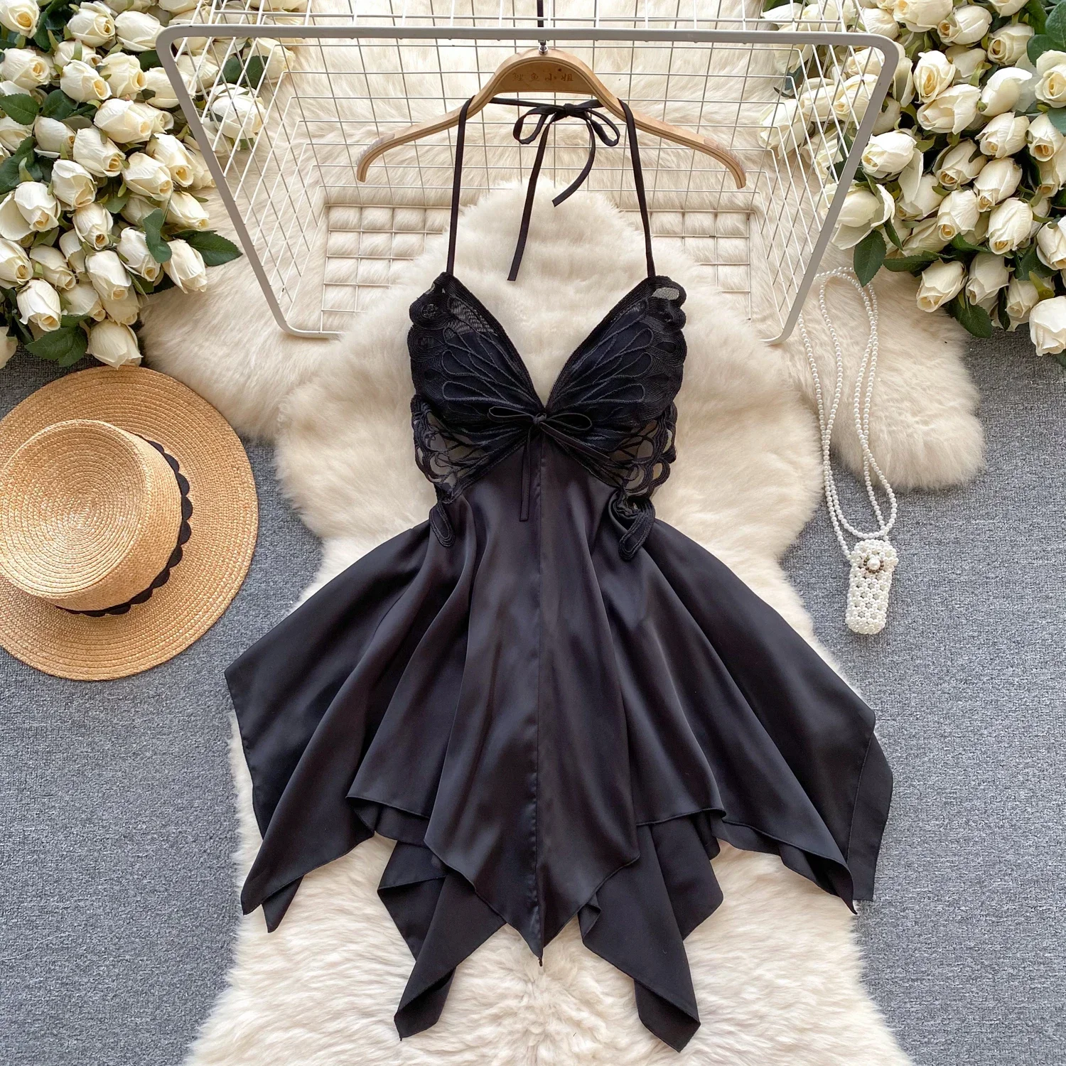 Pijamas sexys de encaje de mariposa para mujer, vestido de cuerpo con espalda descubierta y empalme Halter, vestido ajustado porno erótico Irregular