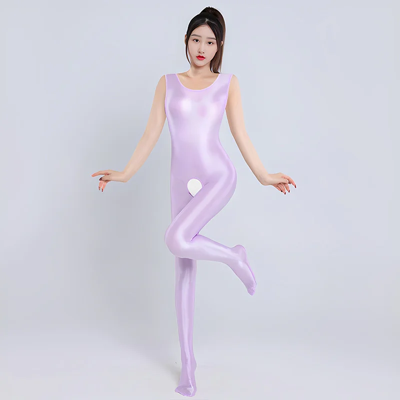 Seksi Yağ Parlak Parlak Backless Bodysuit kadın Açık Kasık Kolsuz Tulum Saten Pürüzsüz Tayt Tek Parça Leotard Catsuit