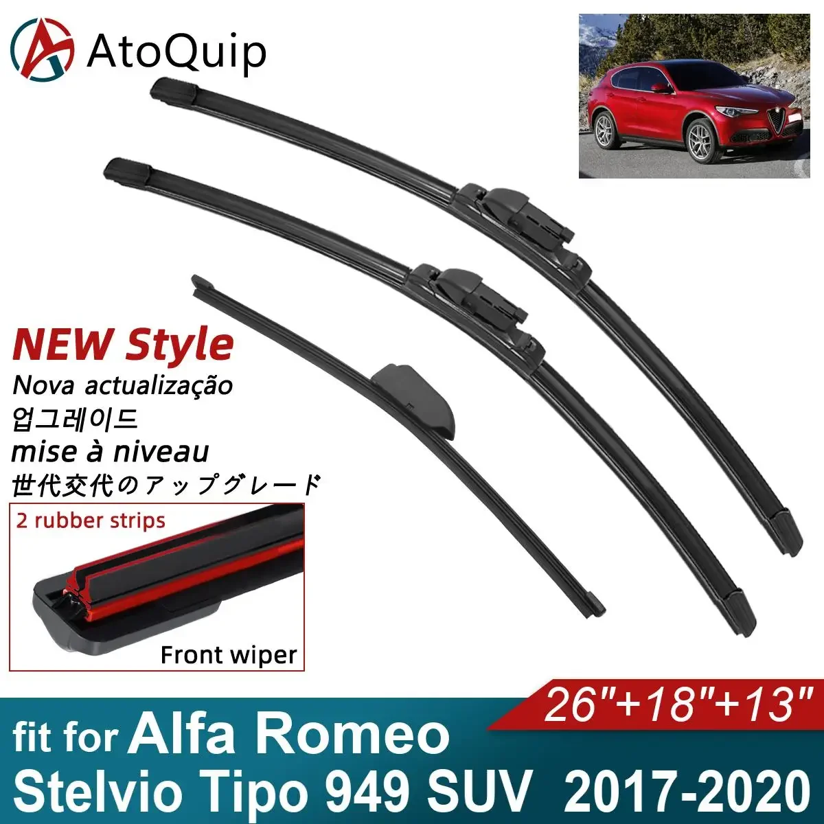 Double Rubber Car Wiper Blades for 2017-2020 Alfa Romeo Stelvio Tipo 949 SUV Front Rear Windscreen Wipers Accessories 2019 2020