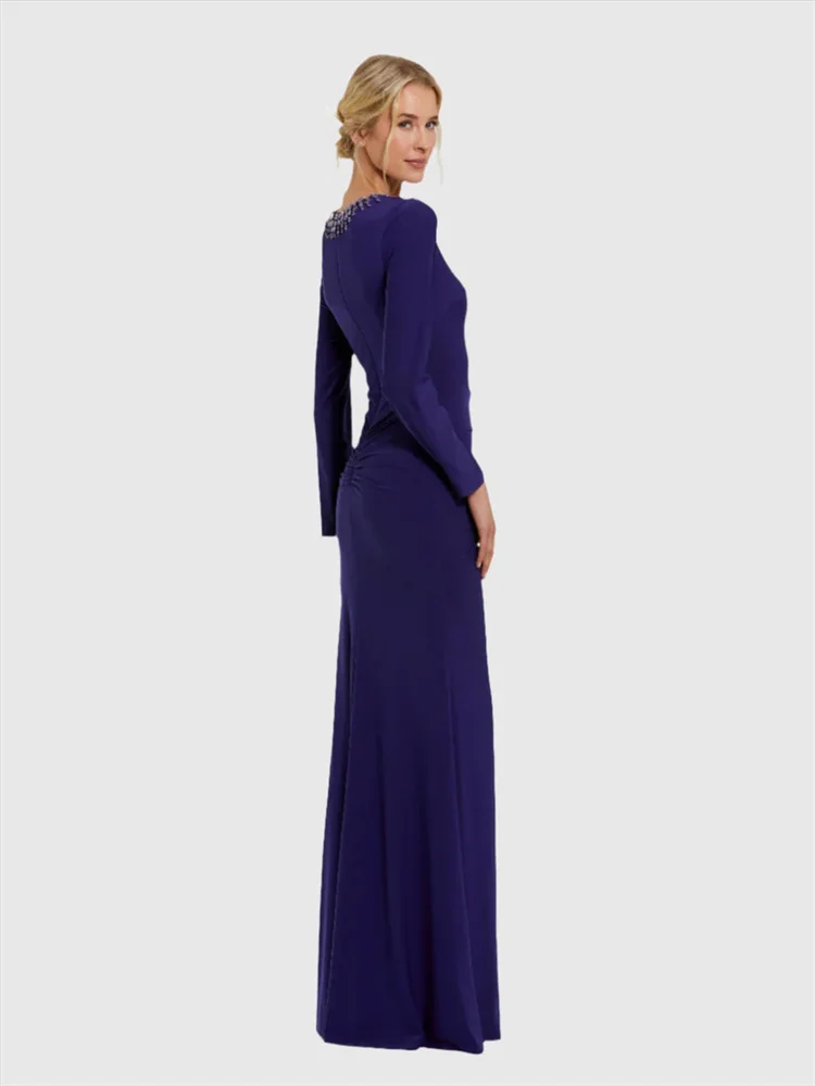 Robe longue de perles violettes élégante et personnalisée, manches longues, col rond, taille perlée, plissée, drapée, robe de soirée, 2025