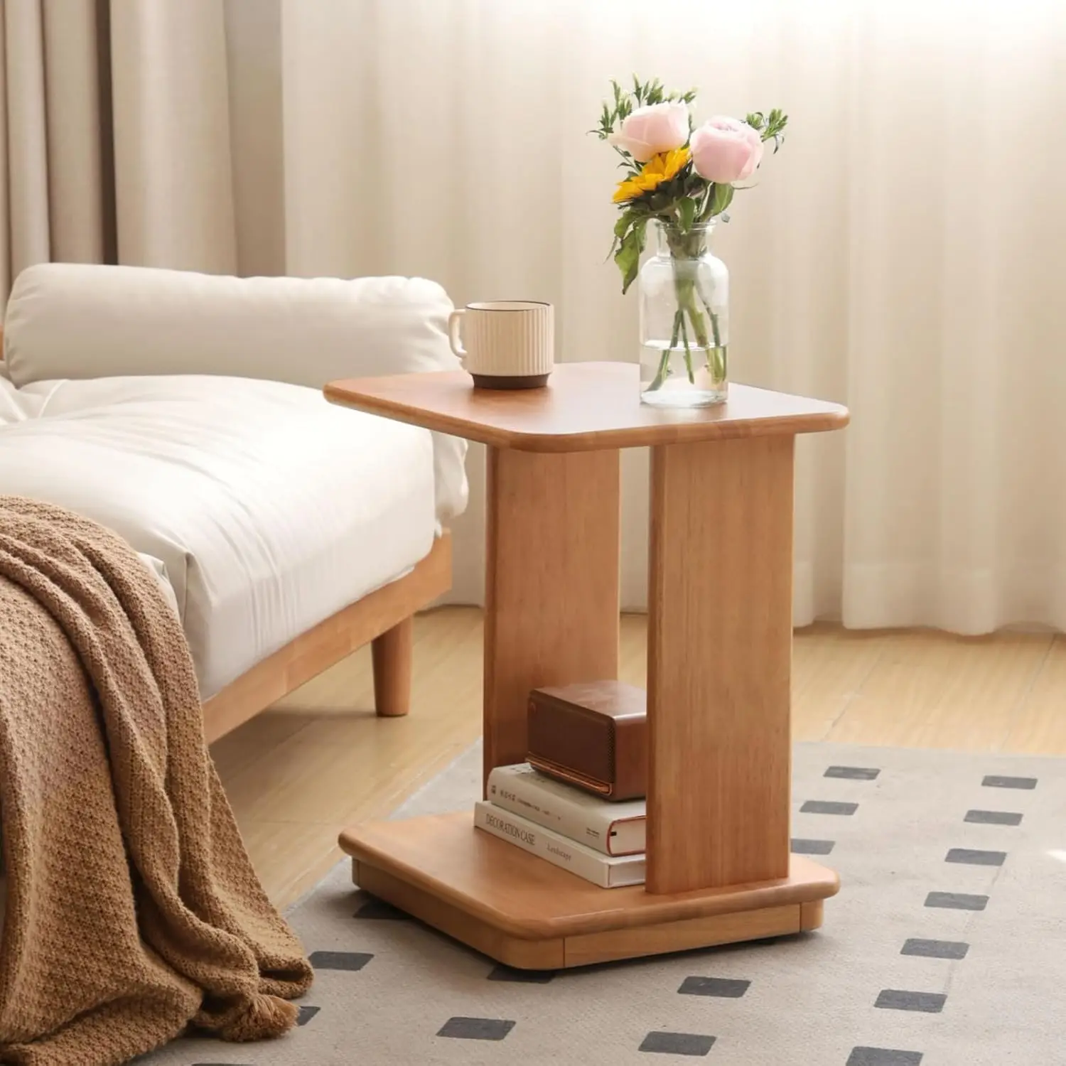 C Shaped End Table, Solid Wood Side Table, Small Rolling Side Table with 4 Lockable Wheels, 2-Tier Wood Bedside Table, End Table