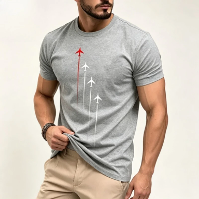 Mens Soft Cotton Minimalist Tshirt Airplane Trail Line Graphic Short Sleeve Aviation Pattern Casual Male Streetwear Tops