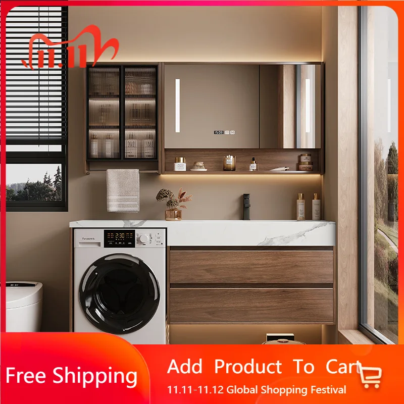 

Walnut Wood Bathroom Cabinet with Sink Dresser Set - Floating Bathroom Smart LED Anti-Fog Mirror Cabinet, Large Capacity Cabinet