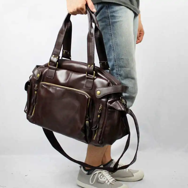 Casual Boston Handbag Men Luxury Design PU Leather Shoulder Bag Fashion Cool Large capacity Motorcycle Bag Travel Crossbody Bag view 4