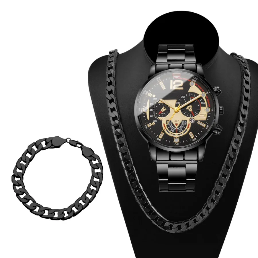 3PCS Fashion Decorative Three-eyes Men Quartz Watch Bracelet Necklace Set Luxury Men Business Watches Reloj Hombre（Without Box）