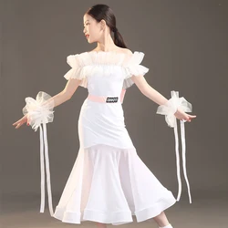 New Girls Ballroom Dance Dress Fairy White Ruffled Tops Skirt Waltz Dance Performance Costume Kids Prom Stage Dancewear DNV19423