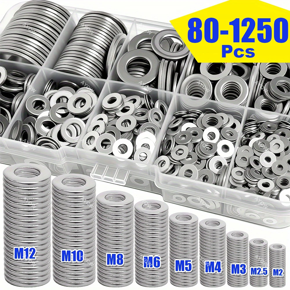 80-1250 Pieces Stainless Steel Flat Washer Assortment Kit (M2 M2.5 M3 M4 M5 M6 M8 M10 M12) Suitable for Home Decoration, Factory Maintenance, Kitchen, Shop, and Outdoor Construction