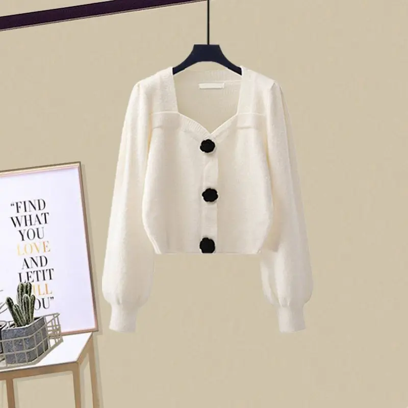 Sweet and Fashionable Women's Set 2024 Autumn New Square Neck Knitted Sweater Mesh Half Skirt Two Piece Set