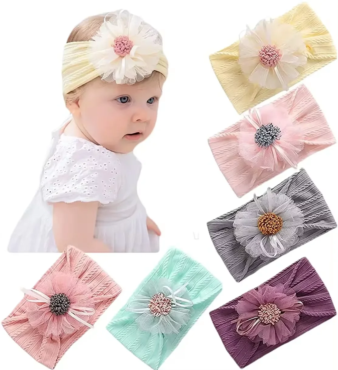 

3/6Pcs Baby Girl Nylon Headbands Newborn Infant Toddler Flower Hairbands Knotted Children Soft Headwrap Hair Accessories