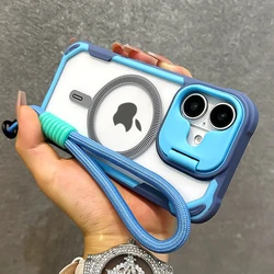 Magnetic For Magsafe Clear Armor Case For iPhone 16 Pro Max 15 Plus 14 13 12 11 With Wrist Strap Cord Lens Stand Holder Cover