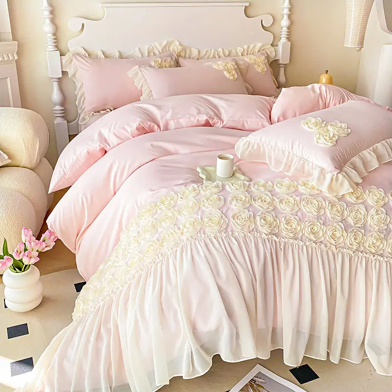 Sweet Princess Style Duvet Cover Four Piece Set Solid Color Bed Sheet Three-dimensional Embroidery Duvet Cover Bedroom Bedding