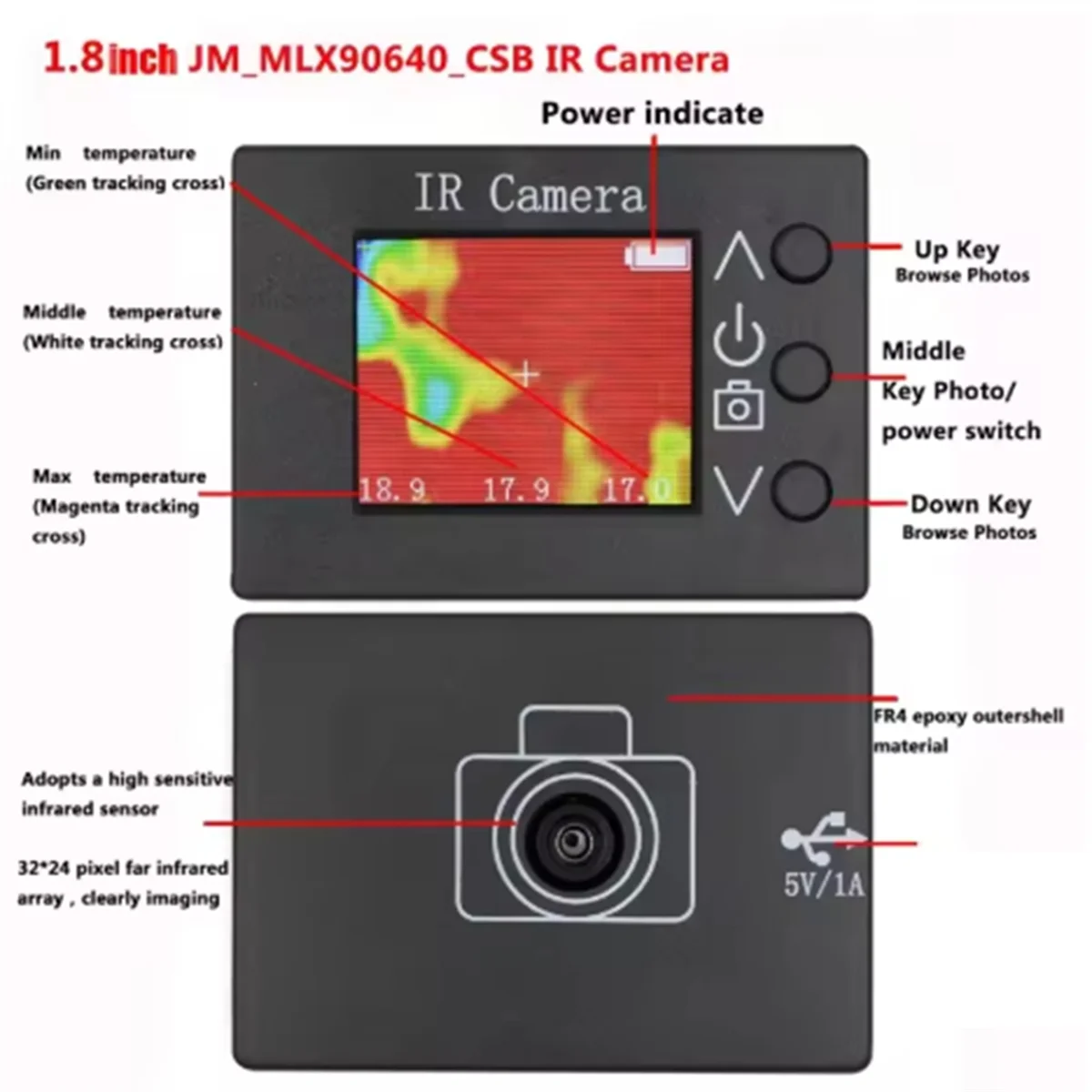 

Infrared Thermal Imager Camera 1.8 Inch LCD Display Digital Temperature Measurement Sensor USB Charging MLX90640