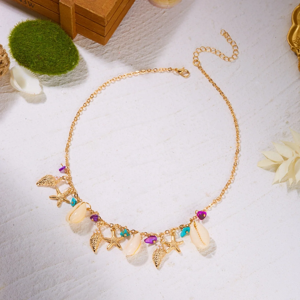Boho-Halskette mit Muschel-, Seestern- und Schalenanhänger aus zerstoßenen Steinen für Damen und Herren, Ozean-, Strand-, Sommerurlaubsschmuck – Detail 14