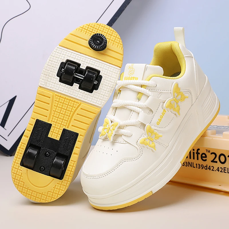 Children's Roller Skating Shoes Four Wheel Shrinkable Brake Roller Skating Shoes With Butterfly Patterns Kid's Outdoor Sneakers view 2
