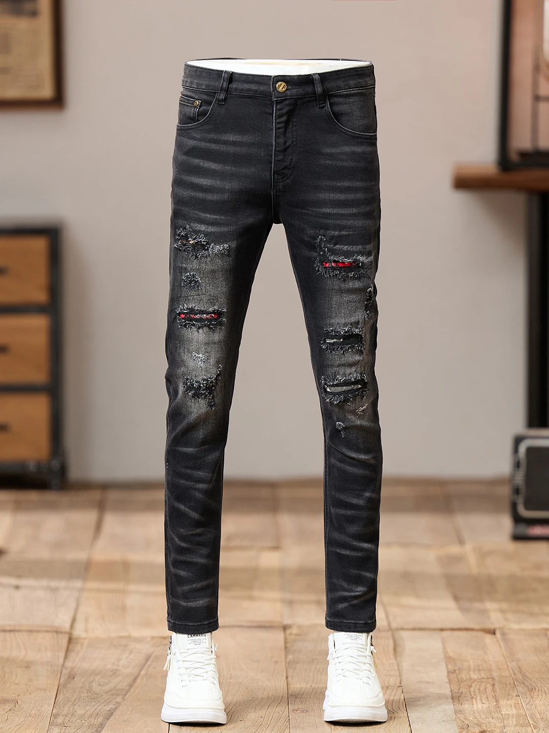 High-End Black Denim Jeans Men's Slim Fit Patched Hole Casual Pants American High Street Style Cotton Stretch Fabric