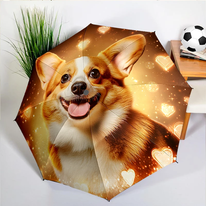 Cute Corgi Puppy Dog Umbrella Automatic Open/close, Sturdy Iron Frame & 8-Rib Struct, Umbrella for Women & Men, Christmas Gifts