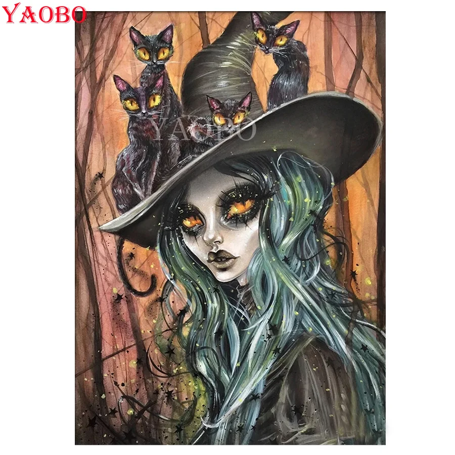 Full Square/Round Drill 5D DIY Diamond Embroidery Witch girl and sphynx cats Diamond Painting Cross Stitch Rhinestone Mosaic Art