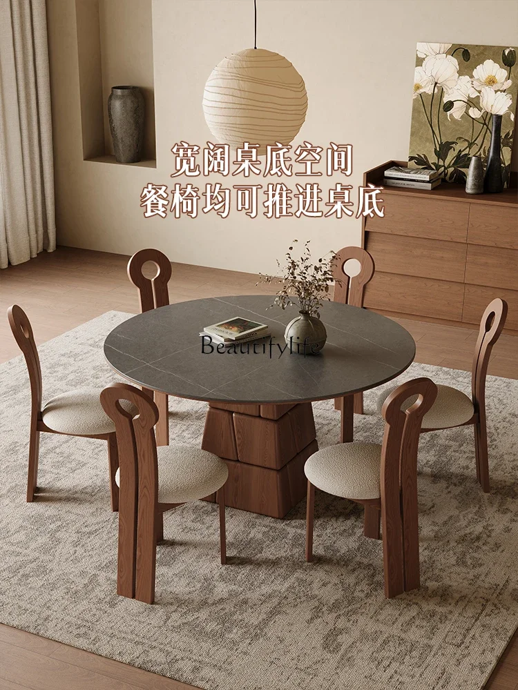 

yj5 Solid Wood Rock Plate Dining Table Round Nordic Retro White Wax Wood Walnut Color Wabi-Sabi Style