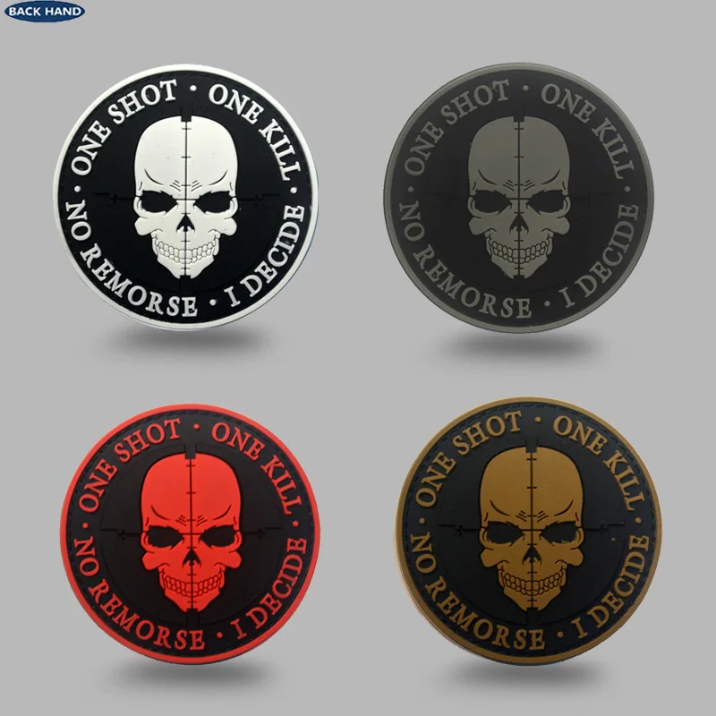 One Shot One Kill Sniper PVC Morale Patches No Remorse I Decide Send it Rubber Skull Airsoft Decorative Patches For Clothing