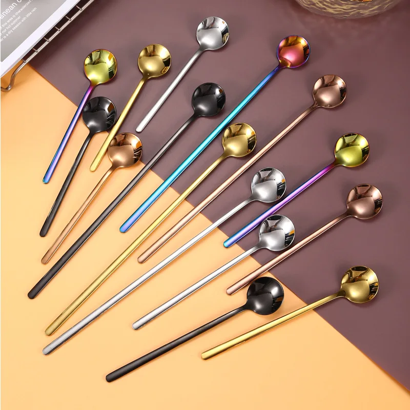 Coffee Spoon Stainless Steel Round Head Long Handle Ice Cream Stirring Dessert Honey Mixing Spoon Kitchen Tableware Decoration