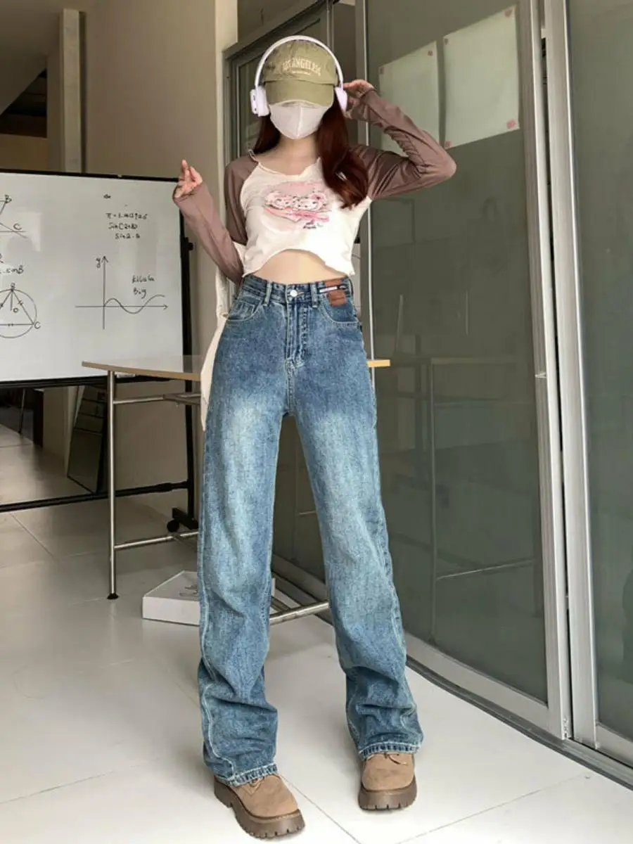 

Модные женские джинсы с высокой талией и широкими штанинами в стиле ретро, универсальные прямые брюки с кожаной нашивкой, весенняя коллекция