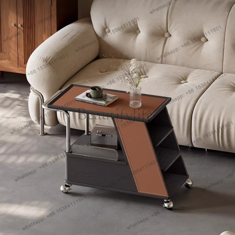 

Italian minimalist saddle leather cart side few living room movable sofa side cabinet