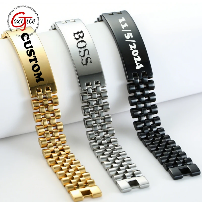Goxijite Customized 15mm Wide Engraved Name Bracelets Folding Buckle Stainless Steel Men  Watch Strap Bracelet Jewelry Gift
