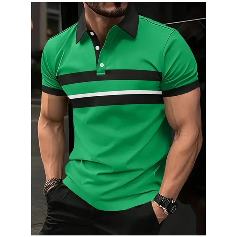 Camisa polo bloqueadora de cores masculina, roupa casual de negócios, lapela respirável confortável, blusa manga curta, moda minimalista