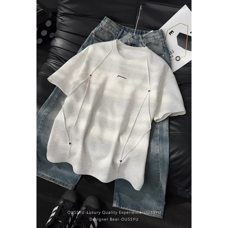 Brand Clothing Men's Sliced Design Heavyweight Cotton T Shirt Round Neck Short Sleeve Casual High Street Loose Fit Tee White