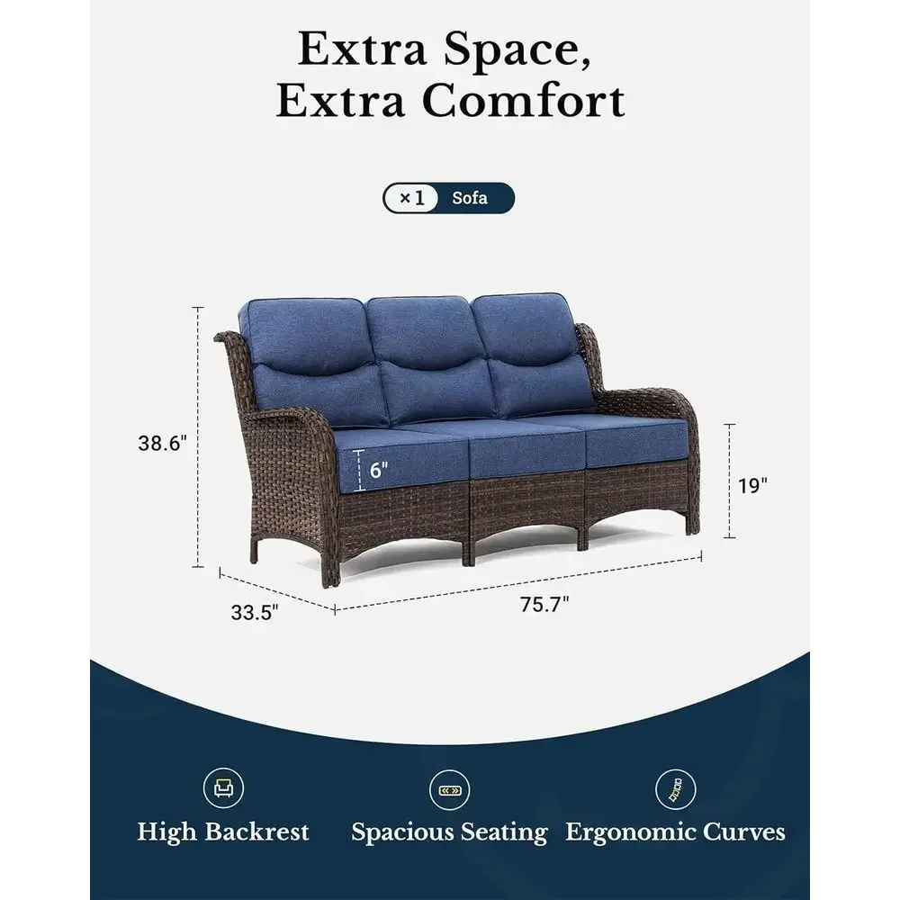 Elegant High-Back Outdoor Sofa, 3-Person with 6 Cushions, Perfect for Patio, Poolside, and Yard (Blue)