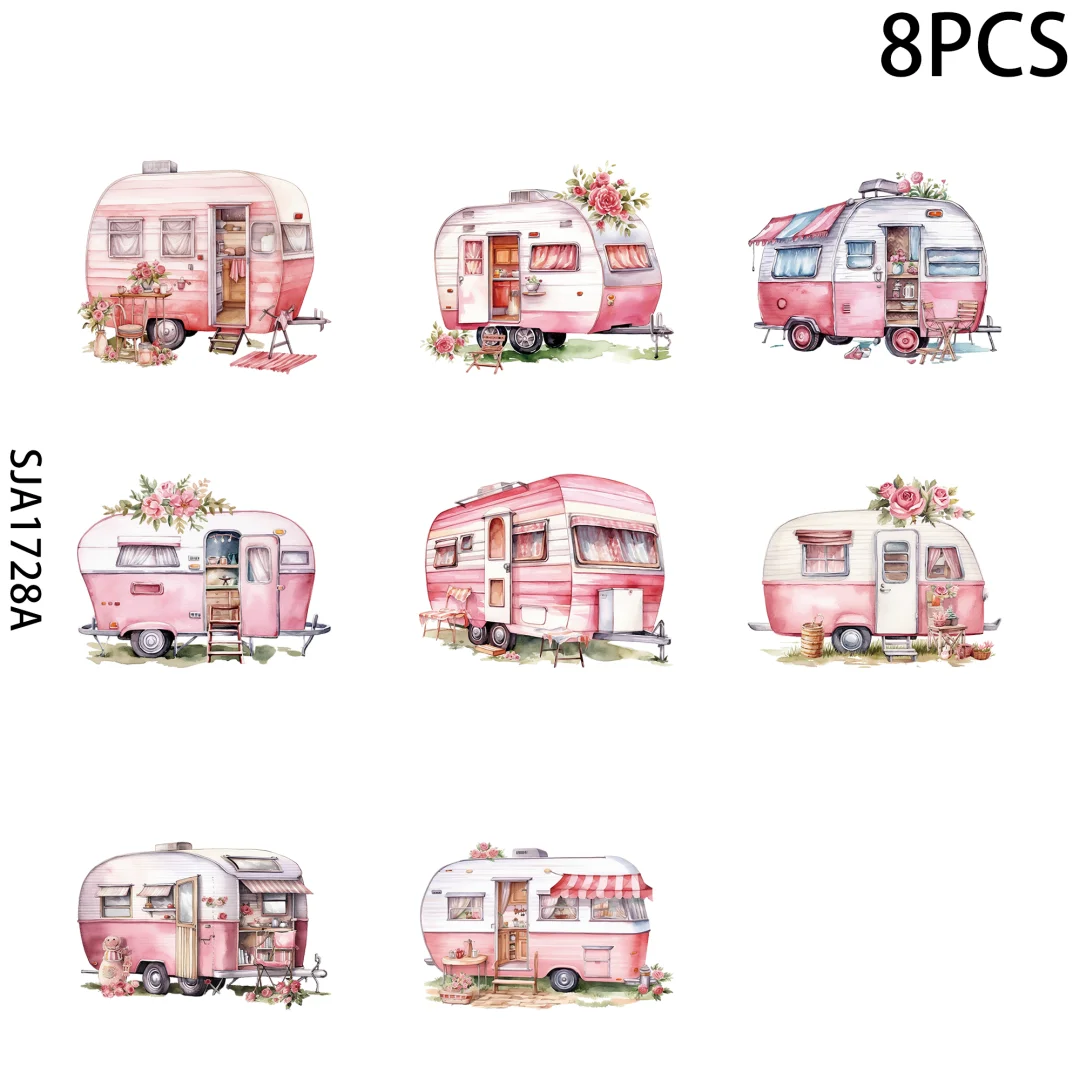 Pink RV, camping, adventure UV DTF Cup Wraps for 16 OZ, 8 Sheets Decals Transfer Stickers for Glass Cups Tumblers