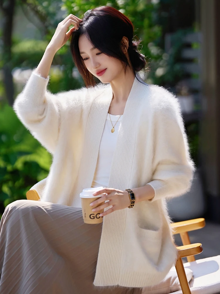 Grace feminino casual solto cardigan melhorado artesanato 100% lã merino camisola de malha outono inverno quente macio chique roupas topos