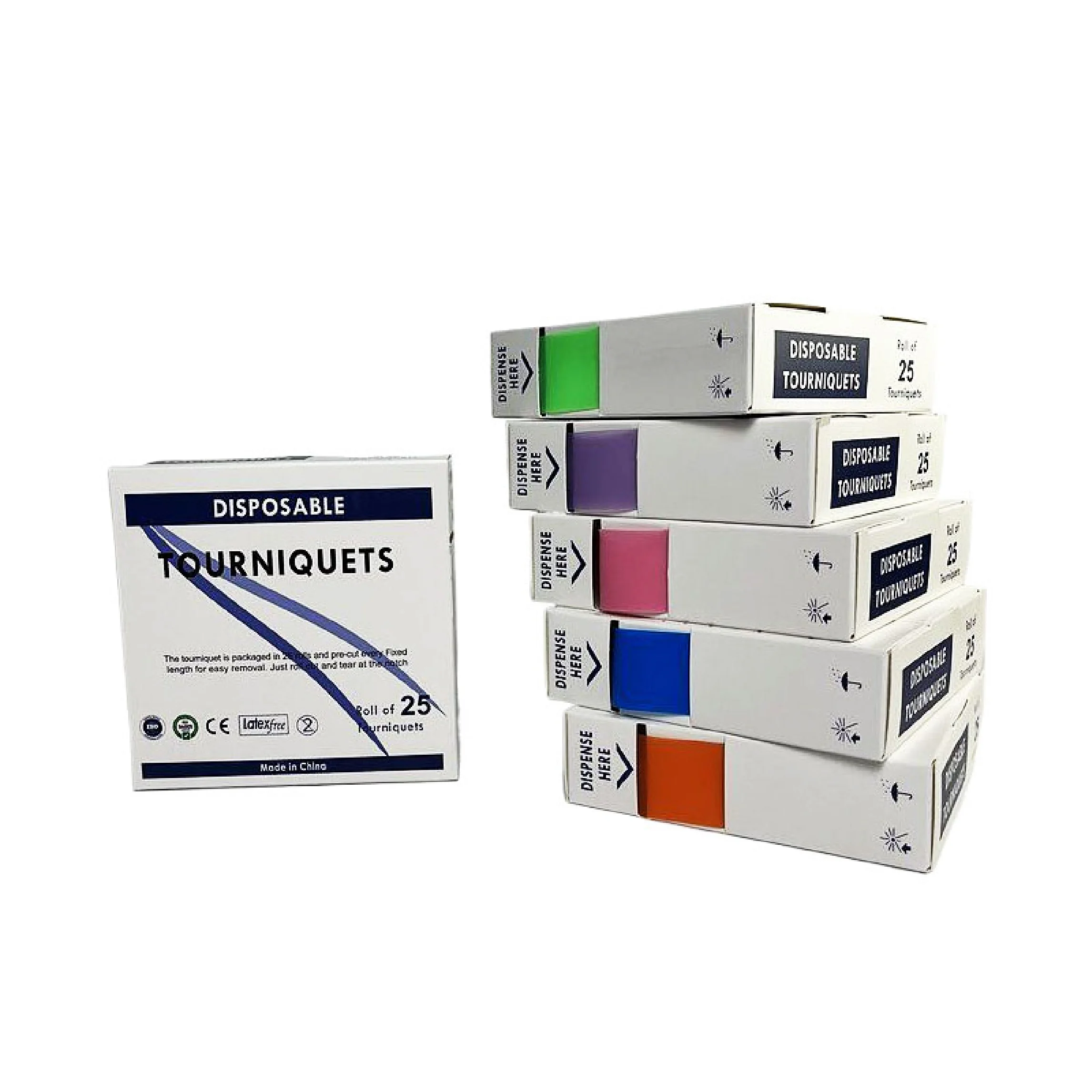 2.5cm*45cm Adult Disposable Tournique First-Aid TPE Blue/Pink/Green Medical Necessities Tourniquet Stop Bleeding Strap 25pcs/box