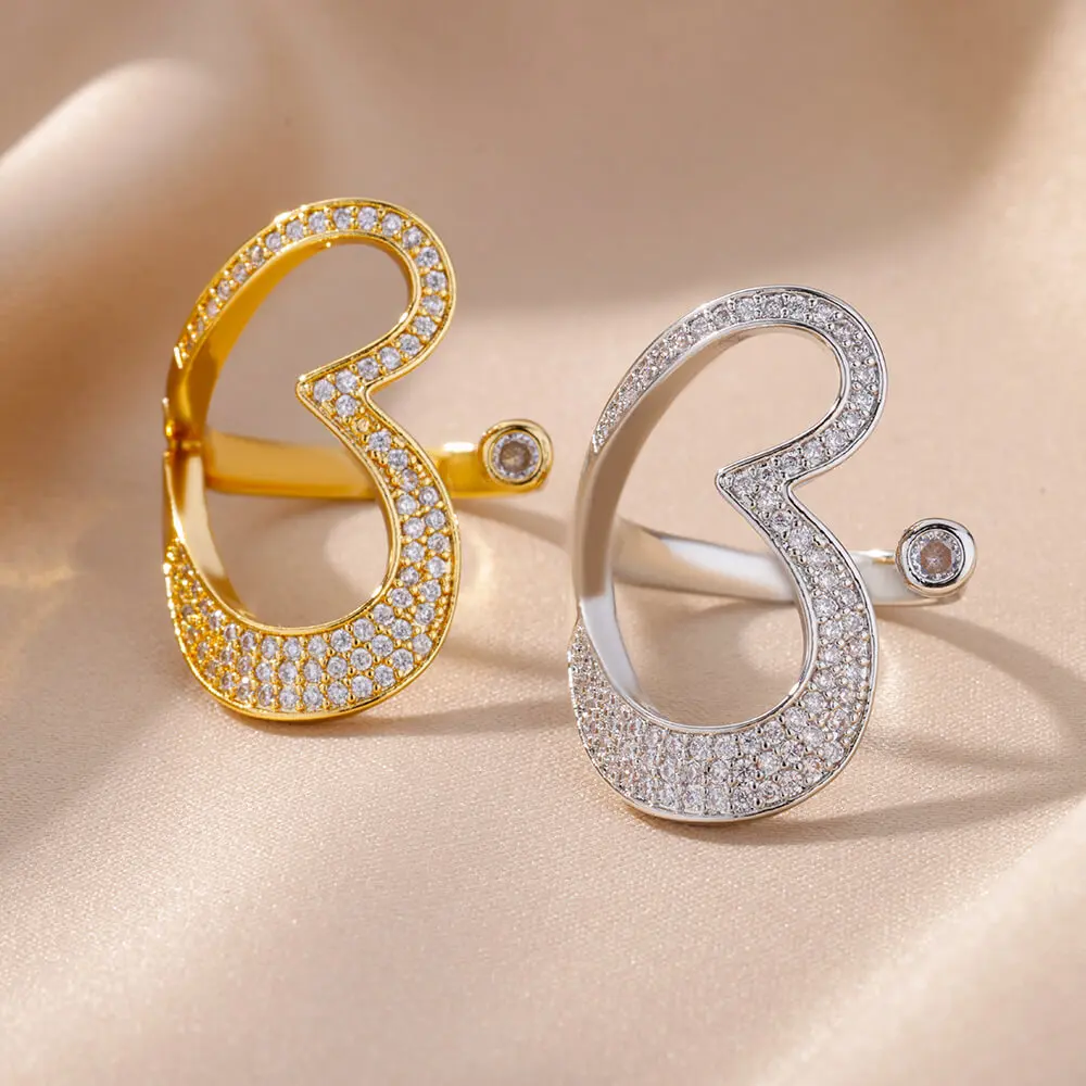 Stainless Steel Heart Rings For Women Gold Color CZ Crystal Zircon Open Finger Ring Wedding Aesthetic Jewerly Gift anillos