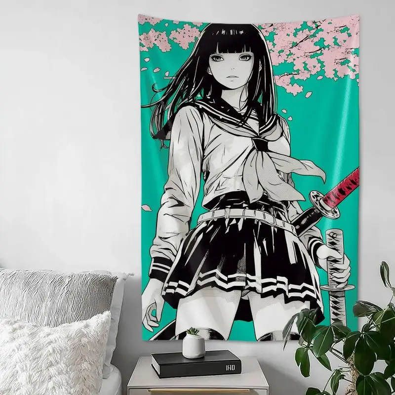 VIKAMA Anime Oni Girl Tapestry Japanese Hannya Mask Wall Hanging Neon Vintage Aesthetic Dorm Bedroom Urban Home Decor
