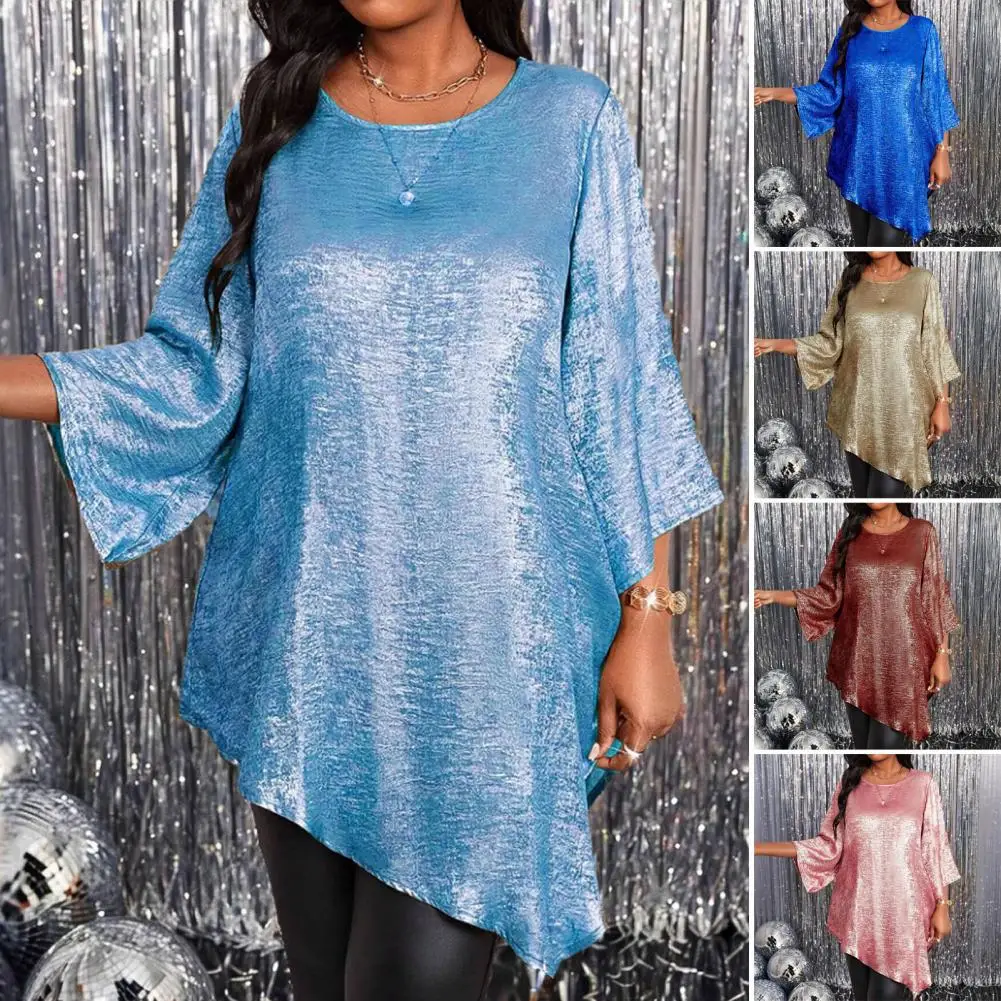 Chemisier mi-long scintillant irrégulier t-shirt mode grande taille hauts femmes décontracté col rond chemise t-shirts dames tunique ample chemise