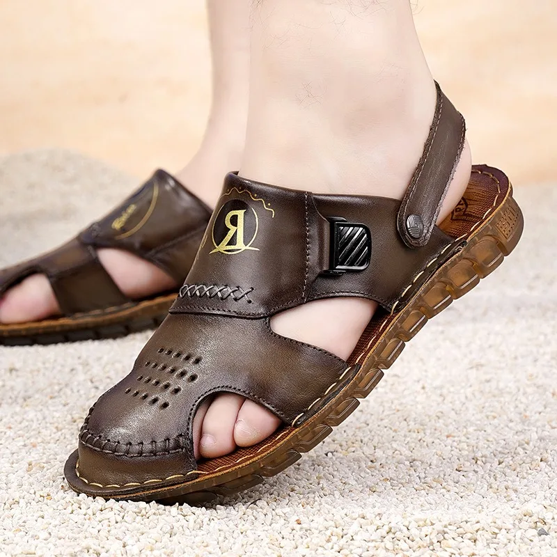 Summer Leather Retro Hollow Beef Tendon Sole Outdoor Beach Men\'s Sandals Designer New Casual Soft Sole Indoor Man Slippers