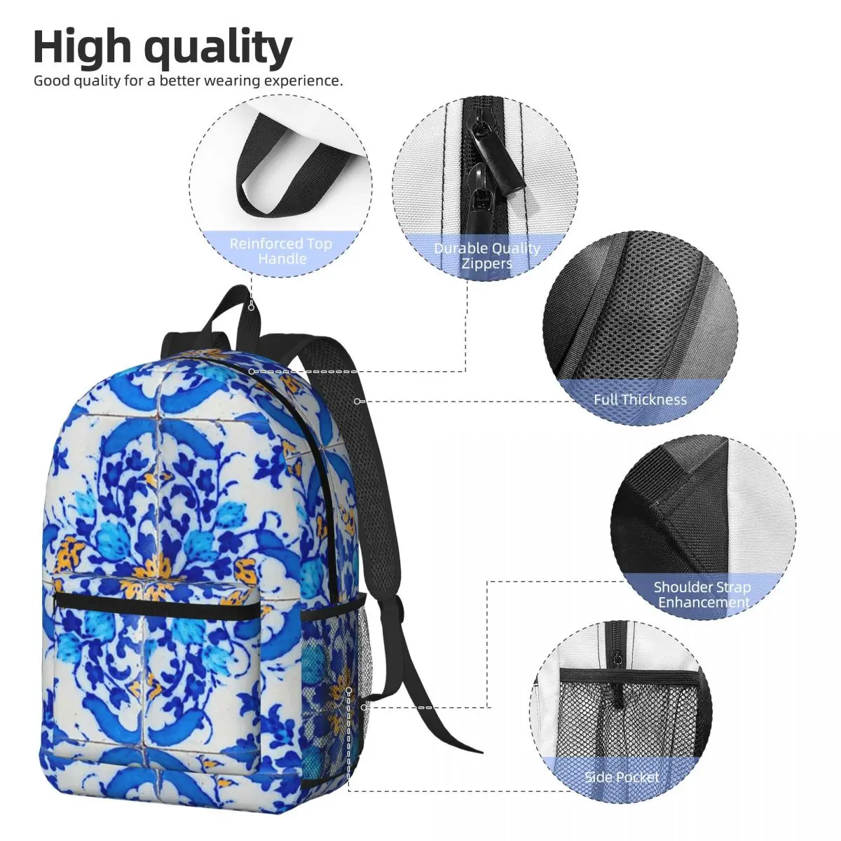Portuguese Tile Decor Azulejo Lisboa Backpack Daypack Large Capacity Boys Girls BookBag School Bag Shoulder Bags for Men Women
