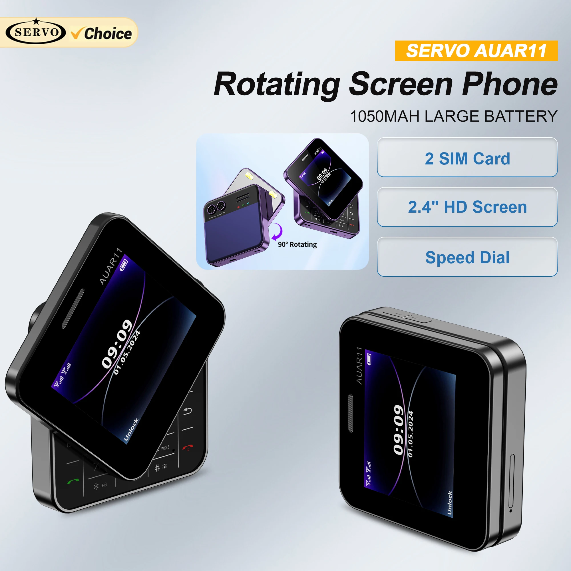 SERVO Rotatable Screen Mini Mobile Phone 2G GSM Dual SIM Speed Dial Magic Voice FM Radio MP4 Side Slider Square Button Cellphone