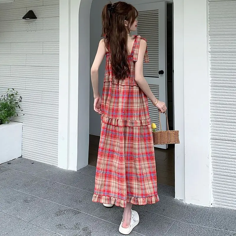 Vintage Plaid Dresses Women Ruffles Sweet French Style Bandage Loose Casual Girlish Summer New Ins Aesthetic Temperament Ulzzang