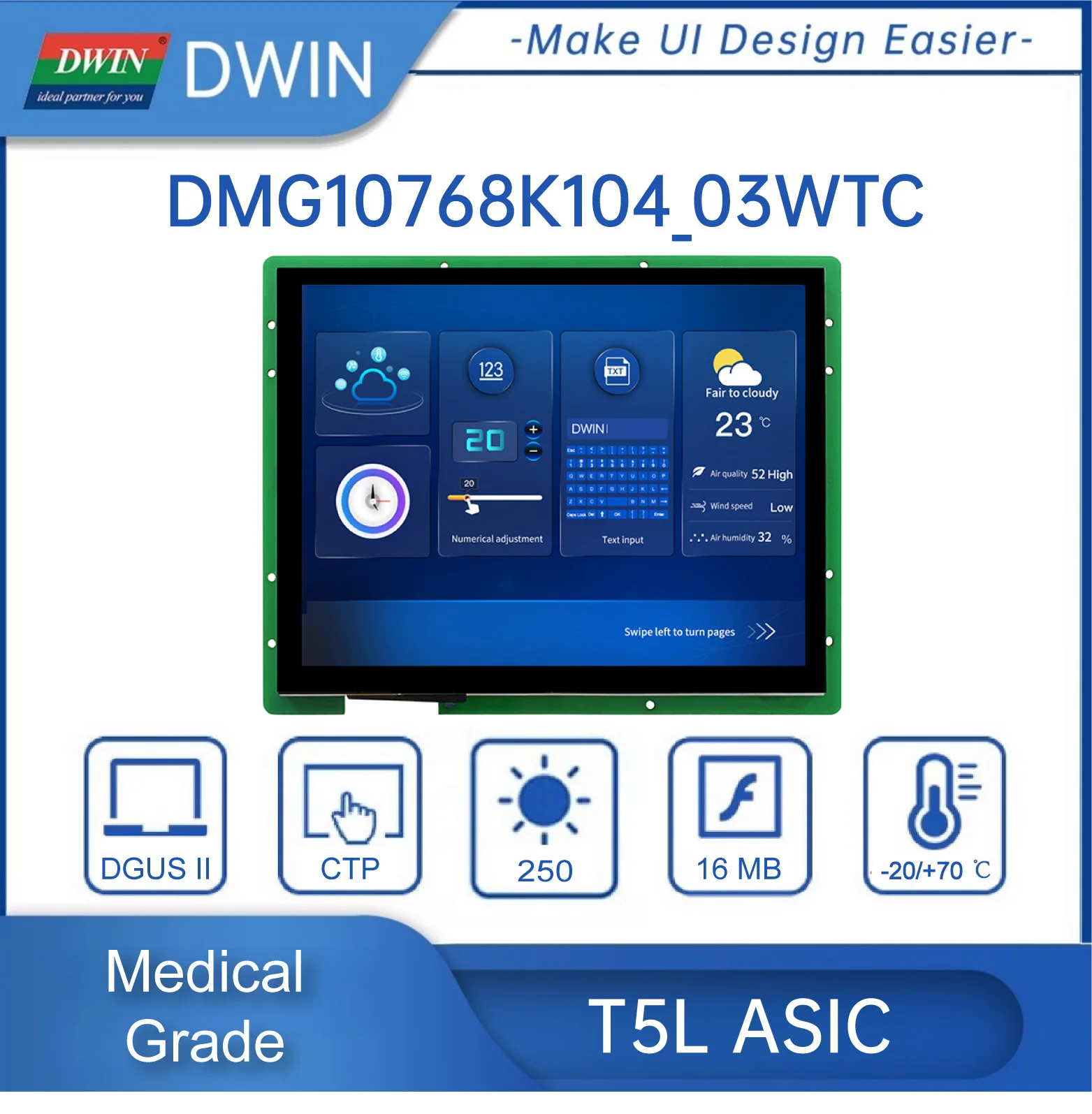 Dwin 10.4-inch, 1024*768 Smart Tft LCD UART Medical grade HMI Display Support RS232 and RS485 Communication DMG10768K104_03W